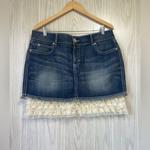 Wrangler Womens Jean Skirt Mini Denim Lace Ruffle Size 13 Lace & Denim NWOT